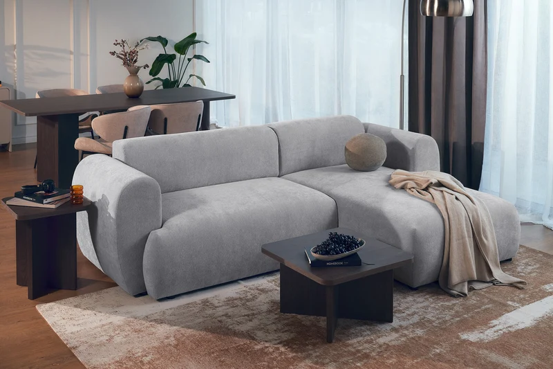 Ecksofa mit Schlaffunktion Emia, L-förmig, rechtsseitig, grau Chenille
