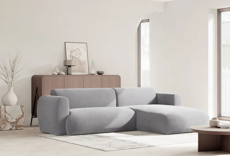 Ecksofa mit Schlaffunktion Emia, L-förmig, rechtsseitig, grau Chenille