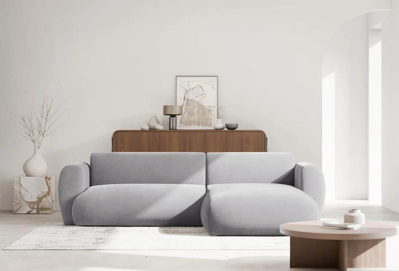 Ecksofa mit Schlaffunktion Emia, L-förmig, rechtsseitig, grau Chenille