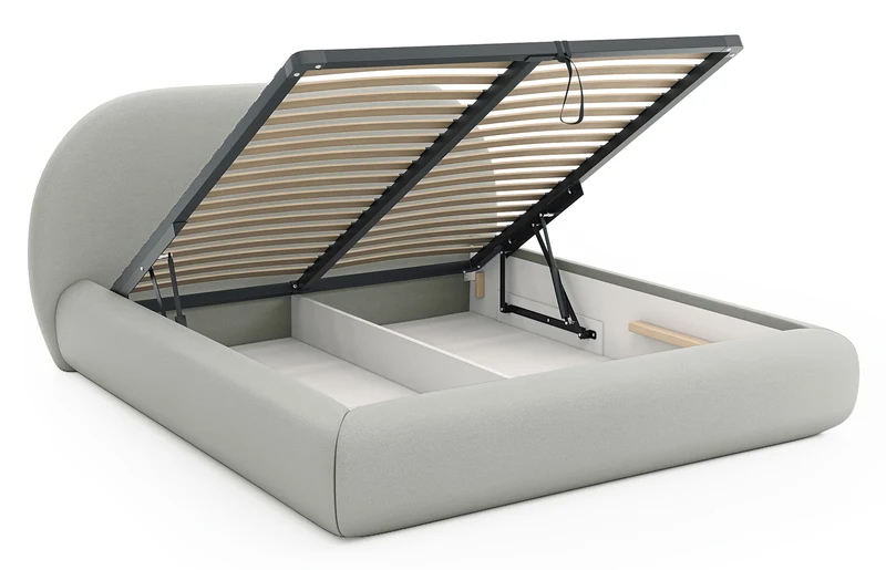 Gepolstertes Bett 160x200 cm Buvio mit Stauraum, Metallrahmen, grau-beiges Chenille