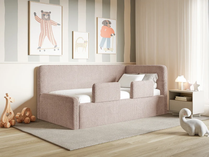 Jugendbett 120x200 cm Fanklo rechtsseitig mit Stauraum und Geländern, puderrosa Plüsch, hydrophob