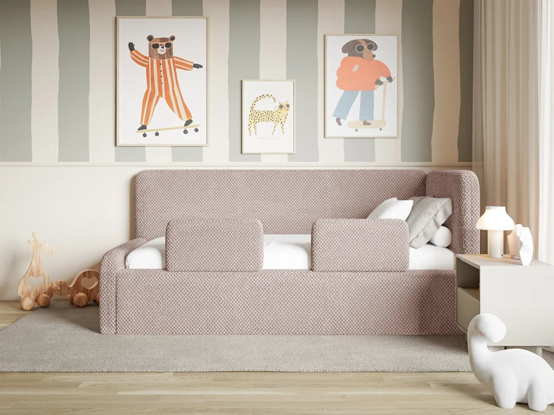Jugendbett 120x200 cm Fanklo rechtsseitig mit Stauraum und Geländern, puderrosa Plüsch, hydrophob