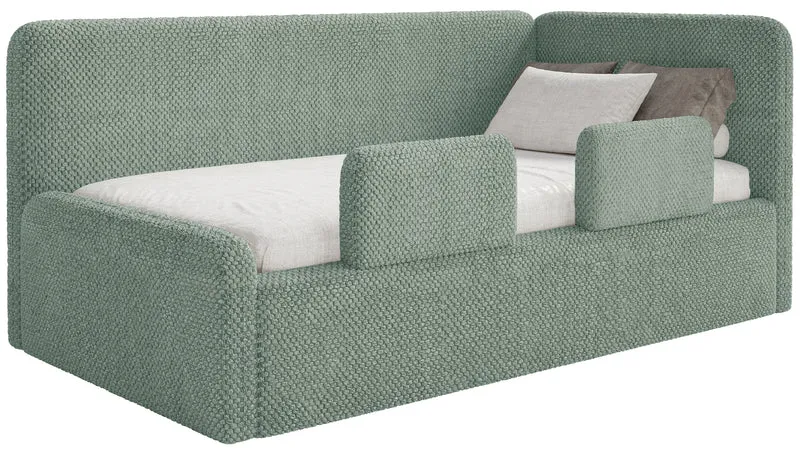 Jugendbett 120x200 cm Fanklo rechtsseitig mit Matratze, Stauraum und Seitengittern, salbeigrüner Plüsch, wasserabweisend