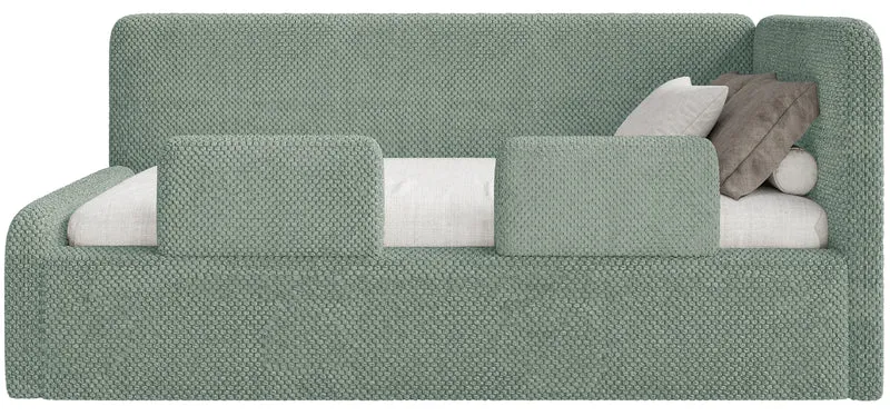 Jugendbett 120x200 cm Fanklo rechtsseitig mit Matratze, Stauraum und Seitengittern, salbeigrüner Plüsch, wasserabweisend