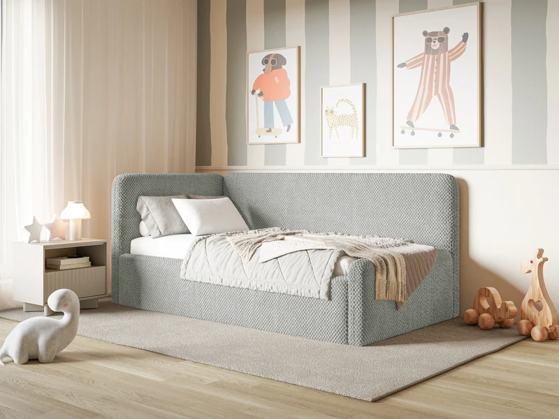 Jugendbett 90x200 cm Fanklo linksseitig mit Stauraum und Bettgittern, grauer Plüsch, wasserabweisend