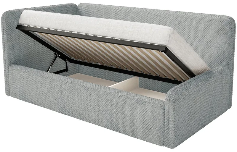 Jugendbett 90x200 cm Fanklo linksseitig mit Stauraum und Bettgittern, grauer Plüsch, wasserabweisend