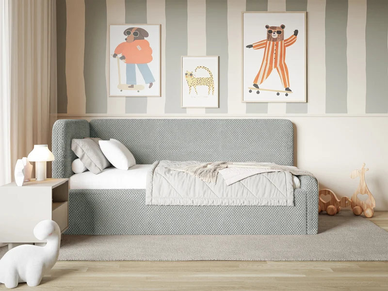 Jugendbett 90x200 cm Fanklo linksseitig mit Stauraum und Bettgittern, grauer Plüsch, wasserabweisend