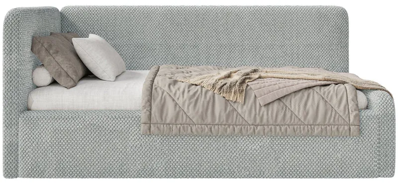 Jugendbett 90x200 cm Fanklo linksseitig mit Stauraum und Bettgittern, grauer Plüsch, wasserabweisend
