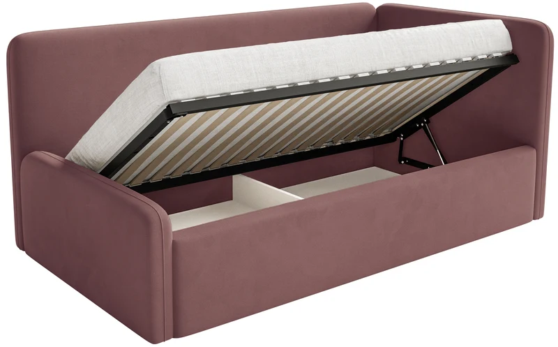 Jugendbett 90x200 cm Fanklo rechtsseitig mit Matratze, Stauraum und Geländern, rosa Velours, wasserabweisend und leicht zu reinigen