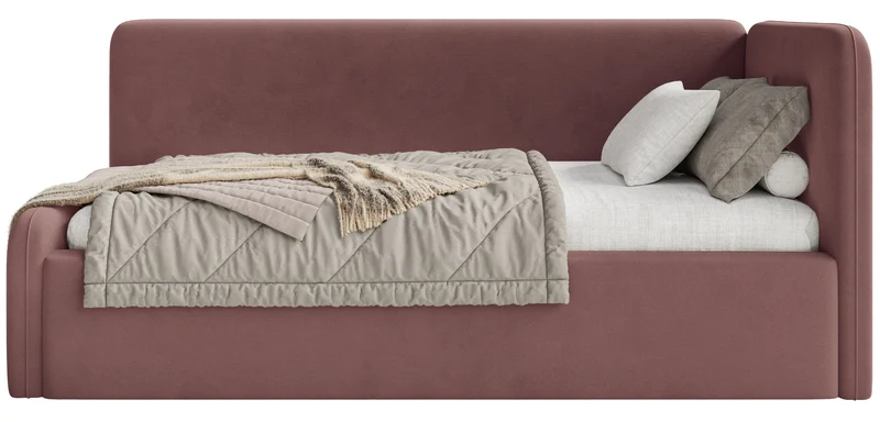 Jugendbett 90x200 cm Fanklo rechtsseitig mit Matratze, Stauraum und Geländern, rosa Velours, wasserabweisend und leicht zu reinigen