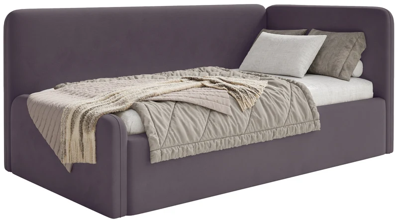 Jugendbett 90x200 cm Fanklo rechtsseitig mit Stauraum und Geländern, violetter Velours, wasserabweisend und leicht zu reinigen
