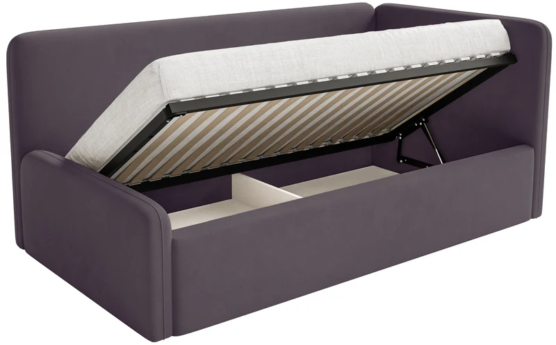 Jugendbett 90x200 cm Fanklo rechtsseitig mit Stauraum und Geländern, violetter Velours, wasserabweisend und leicht zu reinigen