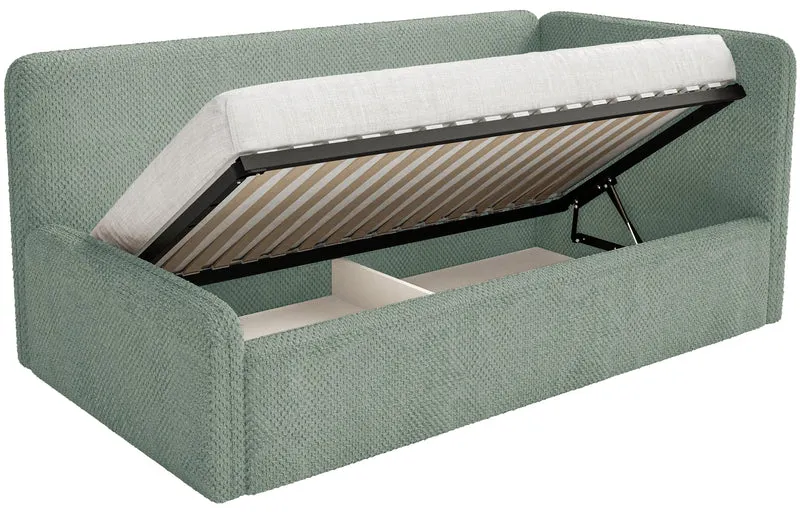 Jugendbett 90x200 cm Fanklo rechtsseitig mit Matratze, Stauraum und Geländern, salbeigrüner Plüsch, wasserabweisend