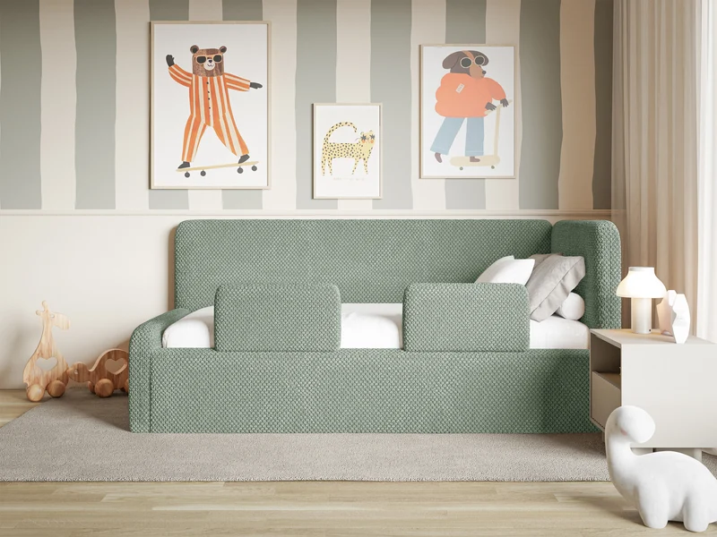 Jugendbett 90x200 cm Fanklo rechtsseitig mit Matratze, Stauraum und Geländern, salbeigrüner Plüsch, wasserabweisend