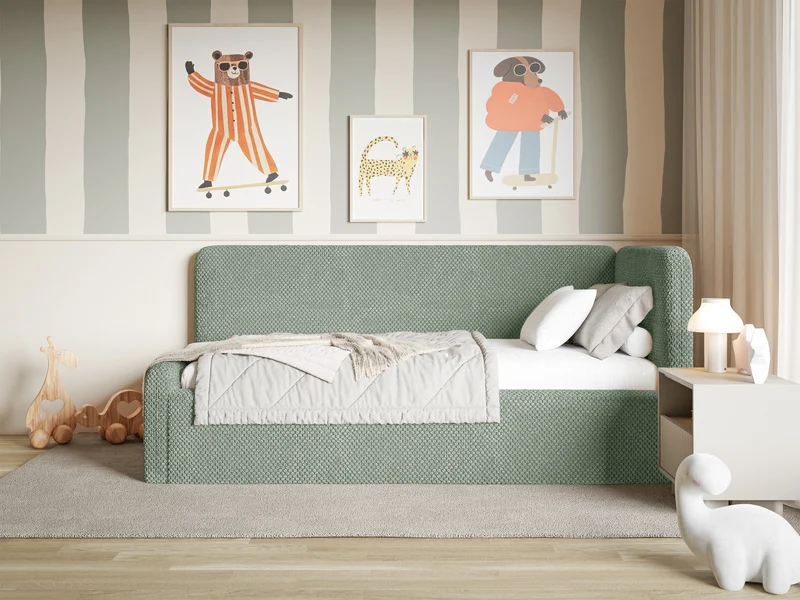 Jugendbett 90x200 cm Fanklo rechtsseitig mit Matratze, Stauraum und Geländern, salbeigrüner Plüsch, wasserabweisend