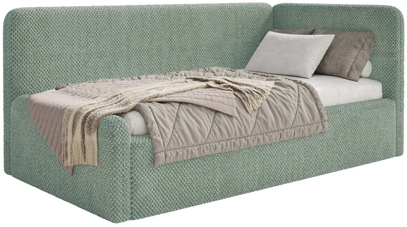 Jugendbett 90x200 cm Fanklo rechtsseitig mit Matratze, Stauraum und Geländern, salbeigrüner Plüsch, wasserabweisend