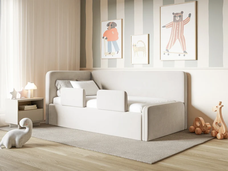 Jugendbett 90x200 cm Fanklo linksseitig mit Matratze, Stauraum und Geländern, hellbeiger Velours, wasserabweisend und leicht zu reinigen