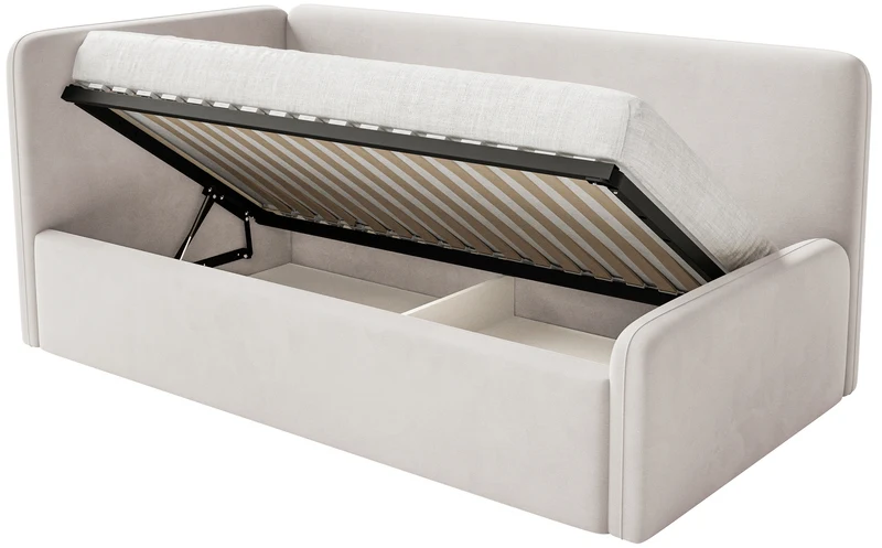 Jugendbett 90x200 cm Fanklo linksseitig mit Matratze und Bettkasten, hellbeiger Velours, wasserabweisend und pflegeleicht