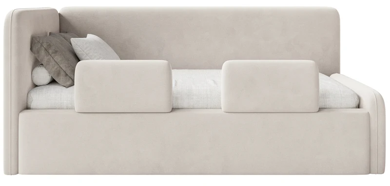 Jugendbett 90x200 cm Fanklo linksseitig mit Matratze, Stauraum und Geländern, hellbeiger Velours, wasserabweisend und leicht zu reinigen