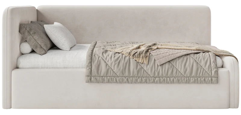Jugendbett 90x200 cm Fanklo linksseitig mit Matratze und Bettkasten, hellbeiger Velours, wasserabweisend und pflegeleicht