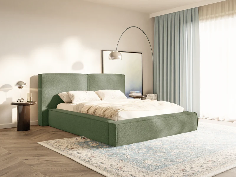 Polsterbett 160x200 cm Tilves mit Stauraum, Metallrahmen, olivgrünes Bouclé