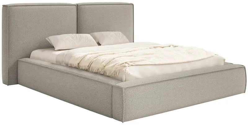 Gepolstertes Bett 200x200 cm Tilves mit Stauraum, Metallrahmen, grau-braunes Bouclé