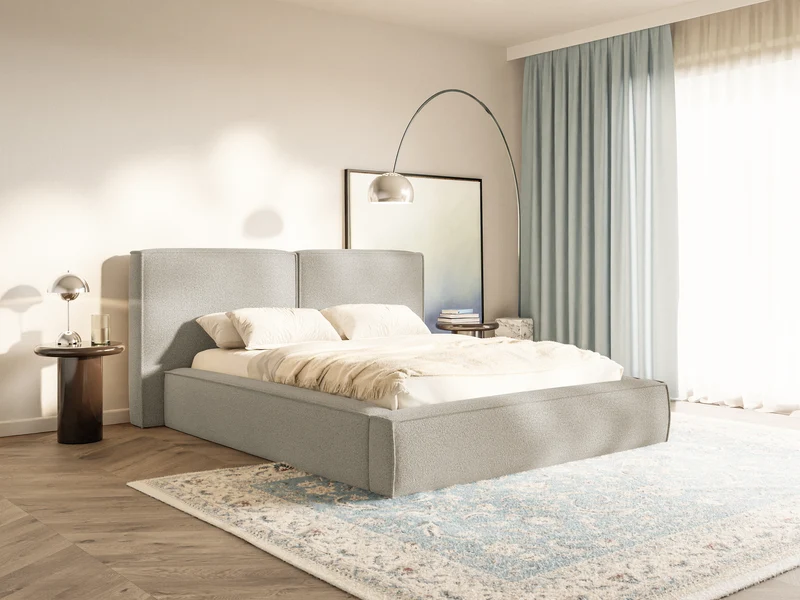Gepolstertes Bett 200x200 cm Tilves mit Stauraum, Metallrahmen, grau-braunes Bouclé