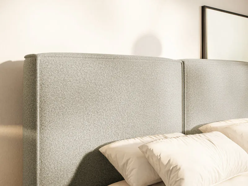 Gepolstertes Bett 200x200 cm Tilves mit Stauraum, Metallrahmen, grau-braunes Bouclé
