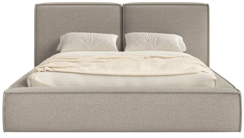Gepolstertes Bett 200x200 cm Tilves mit Stauraum, Metallrahmen, grau-braunes Bouclé