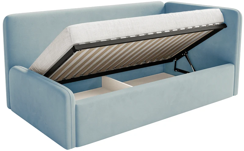 Jugendbett 90x200 cm Fanklo rechtsseitig mit Matratze, Stauraum und blauen, wasserabweisenden, leicht zu reinigenden Samtgeländern
