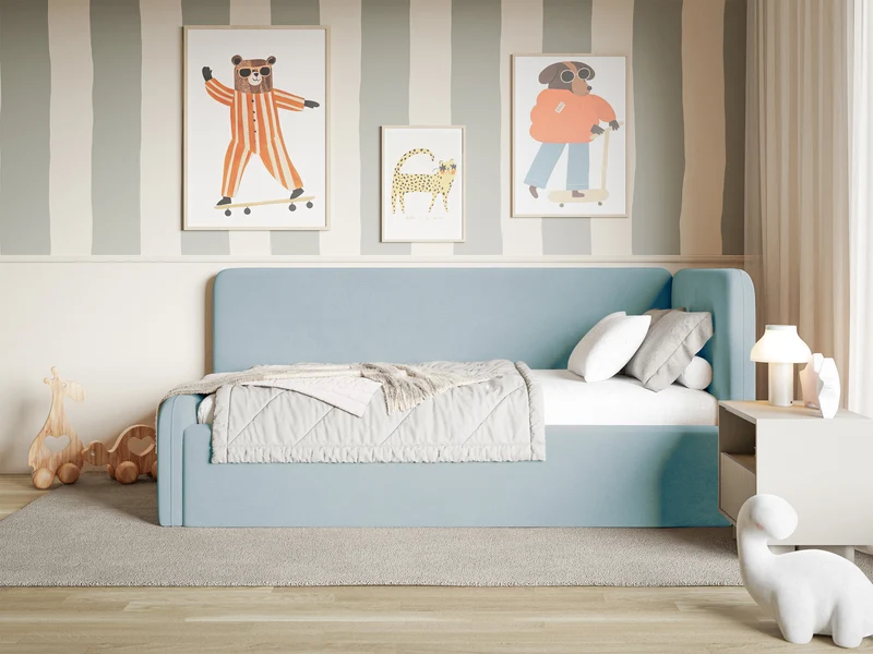 Jugendbett 90x200 cm Fanklo rechtsseitig mit Matratze, Stauraum und blauen, wasserabweisenden, leicht zu reinigenden Samtgeländern
