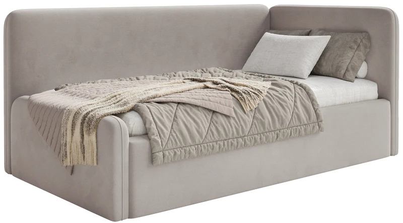 Jugendbett 90x200 cm Fanklo rechtsseitig mit Stauraum, grau-beiger wasserabweisender und pflegeleichter Veloursstoff