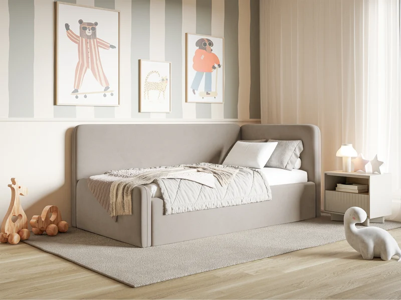Jugendbett 90x200 cm Fanklo rechtsseitig mit Stauraum, grau-beiger wasserabweisender und pflegeleichter Veloursstoff