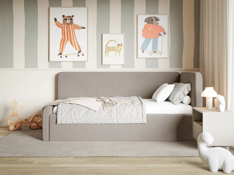 Jugendbett 90x200 cm Fanklo rechtsseitig mit Stauraum, grau-beiger wasserabweisender und pflegeleichter Veloursstoff