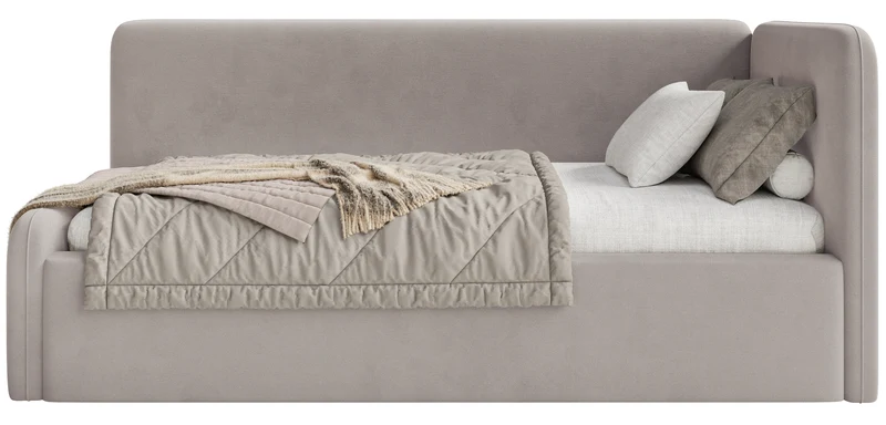 Jugendbett 90x200 cm Fanklo rechtsseitig mit Stauraum, grau-beiger wasserabweisender und pflegeleichter Veloursstoff