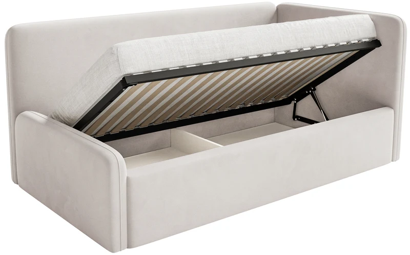 Jugendbett 90x200 cm Fanklo rechtsseitig mit Stauraum und hellbeigen, wasserabweisenden, pflegeleichten Samt-Geländern