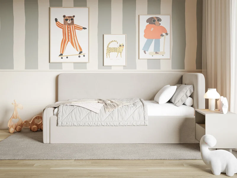 Jugendbett 90x200 cm Fanklo rechtsseitig mit Stauraum und hellbeigen, wasserabweisenden, pflegeleichten Samt-Geländern