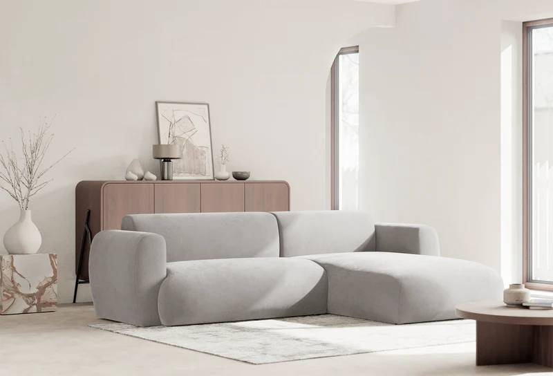 Ecksofa mit Schlaffunktion Emia, L-förmig, rechtsseitig, hellgrauer Chenille-Stoff