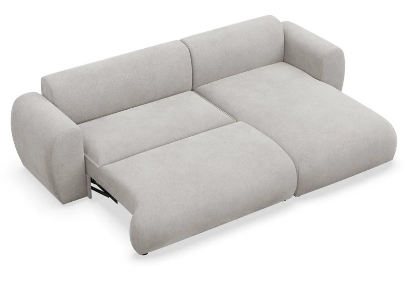 Ecksofa mit Schlaffunktion Emia, L-förmig, rechtsseitig, hellgrauer Chenille-Stoff
