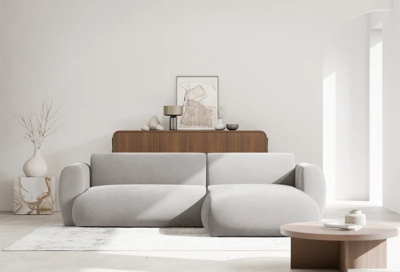 Ecksofa mit Schlaffunktion Emia, L-förmig, rechtsseitig, hellgrauer Chenille-Stoff