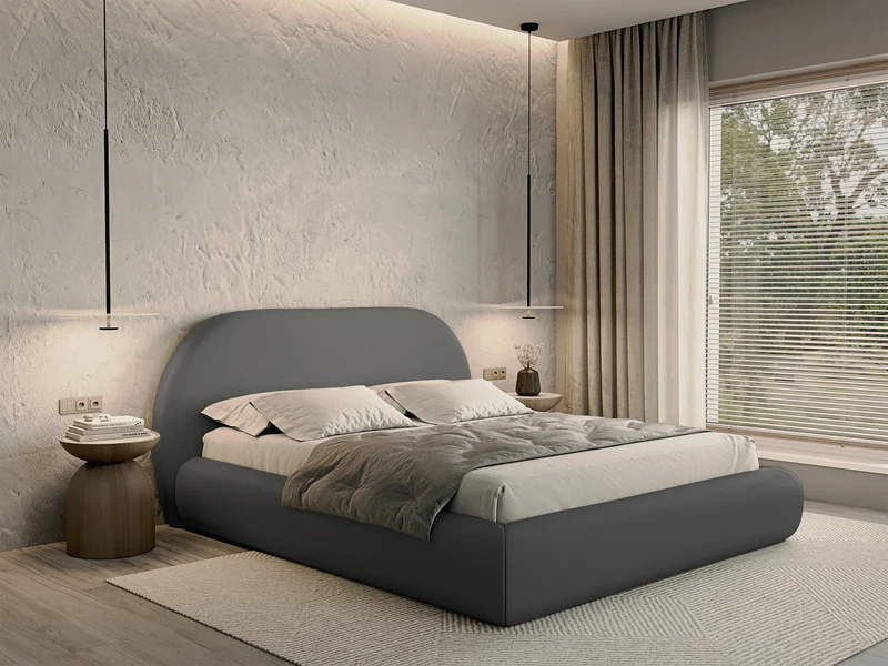 Gepolstertes Bett 160x200 cm Buvio mit Stauraum, Metallrahmen, grauer Chenille-Stoff