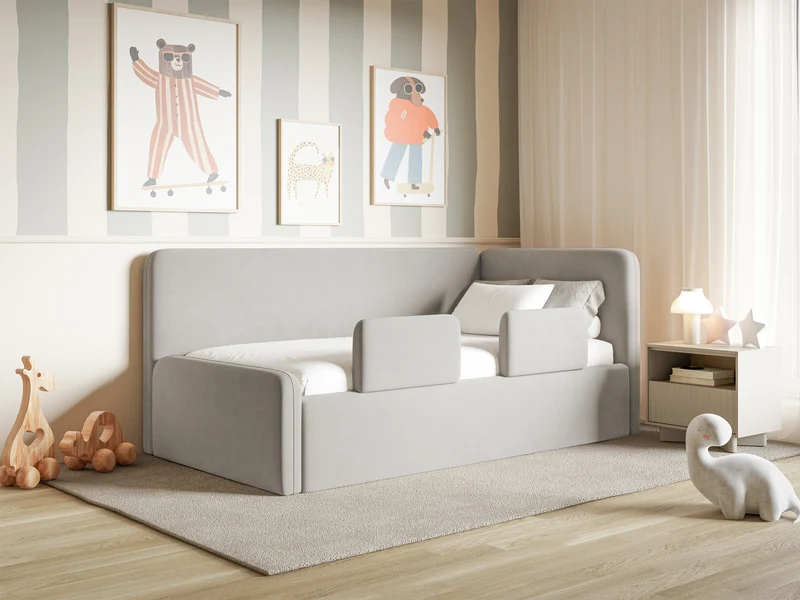 Jugendbett 120x200 cm Fanklo rechtsseitig mit Matratze, Stauraum und hellgrauen, wasserabweisenden, pflegeleichten Samt-Gittern