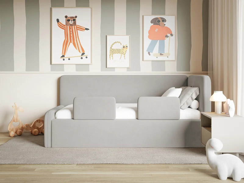 Jugendbett 120x200 cm Fanklo rechtsseitig mit Matratze, Stauraum und hellgrauen, wasserabweisenden, pflegeleichten Samt-Gittern