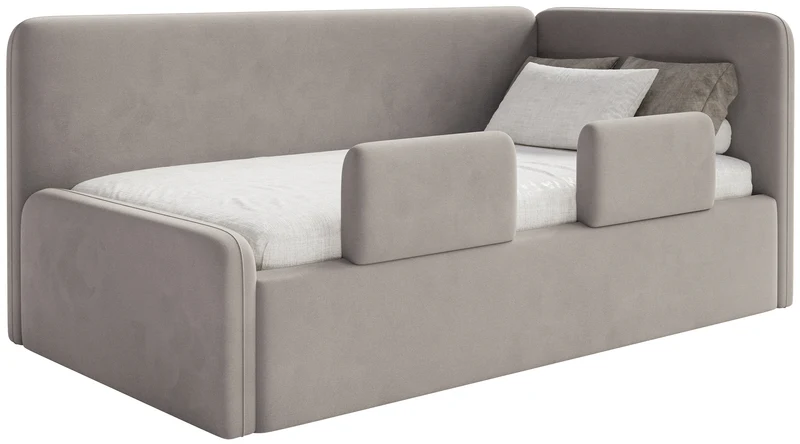 Jugendbett 120x200 cm Fanklo rechtsseitig mit Matratze, Stauraum und Schutzgittern, grau-beiger Velours, wasserabweisend und leicht zu reinigen