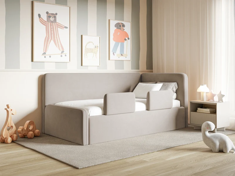 Jugendbett 120x200 cm Fanklo rechtsseitig mit Matratze, Stauraum und Schutzgittern, grau-beiger Velours, wasserabweisend und leicht zu reinigen