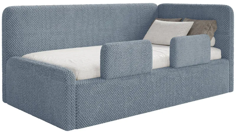 Jugendbett 120x200 cm Fanklo rechtsseitig mit Matratze, Stauraum und blauen, wasserabweisenden Plüsch-Gittern