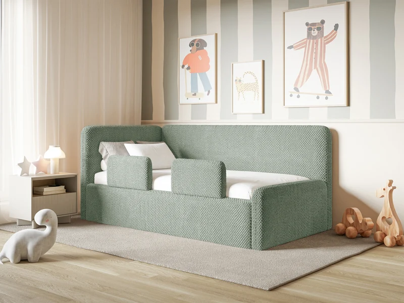 Jugendbett 120x200 cm Fanklo linksseitig mit Matratze, Stauraum und Geländern, salbeigrüner Plüsch, wasserabweisend