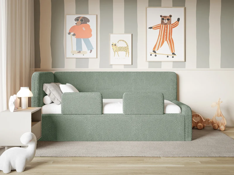 Jugendbett 120x200 cm Fanklo linksseitig mit Matratze, Stauraum und Geländern, salbeigrüner Plüsch, wasserabweisend