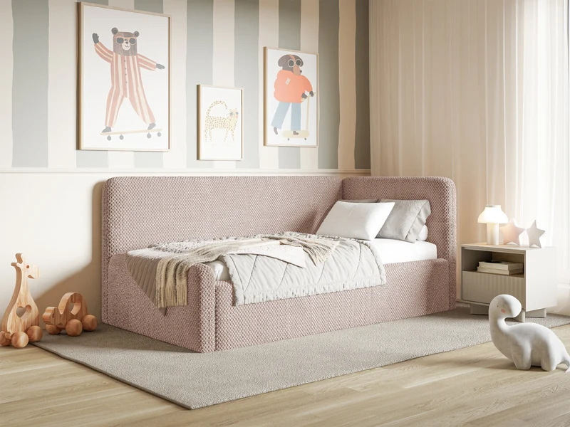 Jugendbett 90x200 cm Fanklo rechtsseitig mit Matratze und Stauraum, puderrosa Plüsch, wasserabweisend