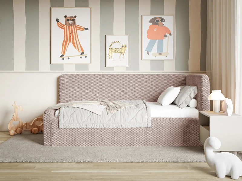 Jugendbett 90x200 cm Fanklo rechtsseitig mit Matratze und Stauraum, puderrosa Plüsch, wasserabweisend